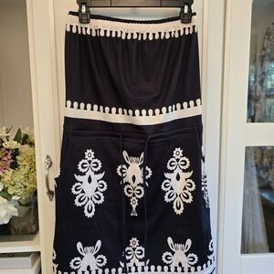 Navy and White Printed Strapless Dress
